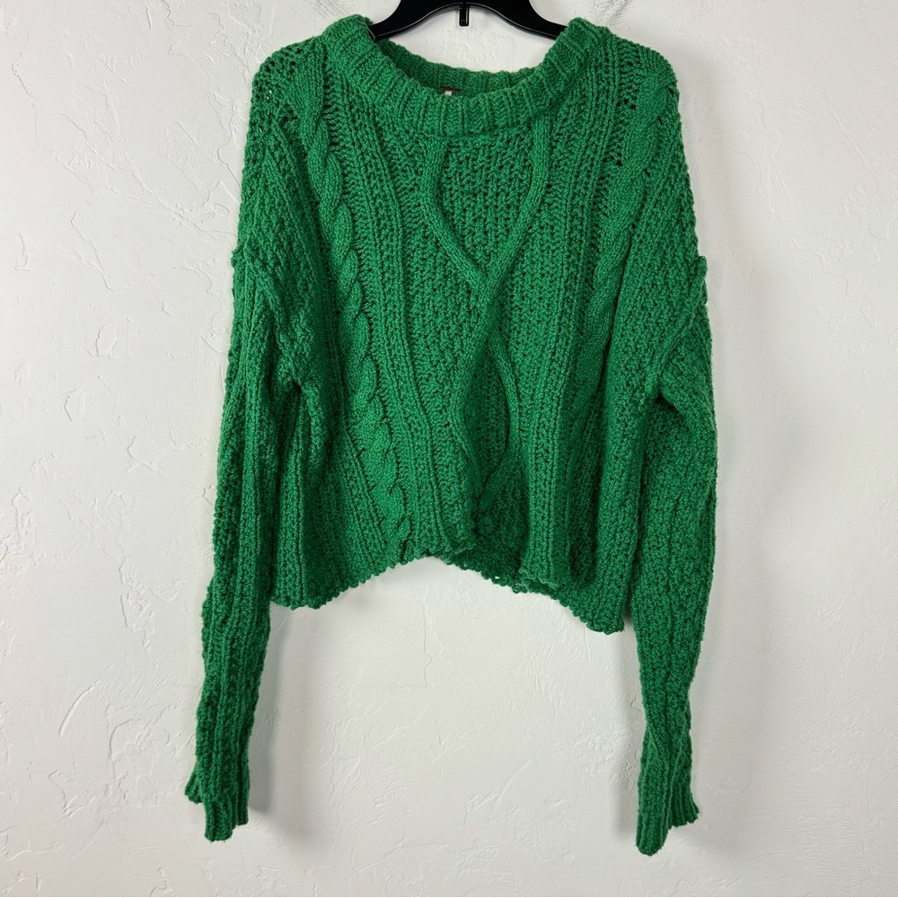 Free People Pullover Sweater Knit Top Cutting Edge Cable Knit Green Kelly Dark